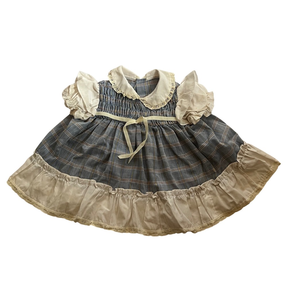 Vintage Handmade Cottagecore  Blue Plaid Smocked Dress‎ Lace Ruffle 6-12 Months